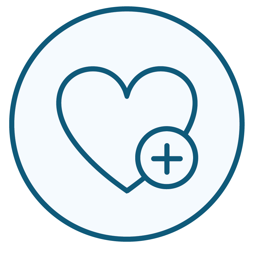 A simple, blue and white illustration of a heart and a plus symbol connoting health